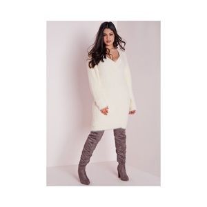 MISSGUIDED Fuzzy V-Neck Sweater Dress